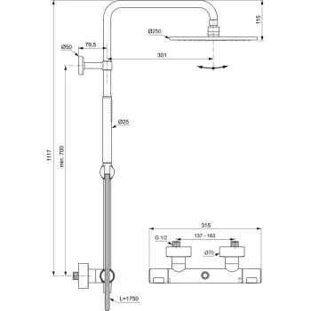 Dušas komplekts Ideal Standard Ceratherm T25, ar termostatu, 25 cm, matēta melna, A8489XG