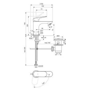 Vannas istabas izlietnes maisītājs Ideal Standard Ceralife O, ar vārstu, BlueStart, 129 mm, hroms, BE003AA