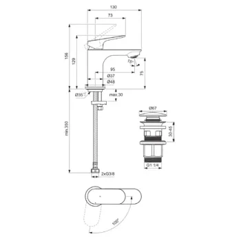 Vannas istabas izlietnes maisītājs Ideal Standard Ceralife O, ar Click-Clack vārstu, 129 mm, hroms, BE004AA