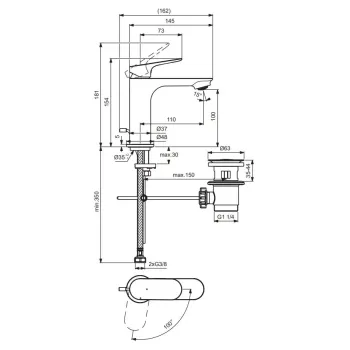 Vannas istabas izlietnes maisītājs Ideal Standard Ceralife O, ar vārstu, BlueStart, 154 mm, 110 mm, hroms, BE007AA