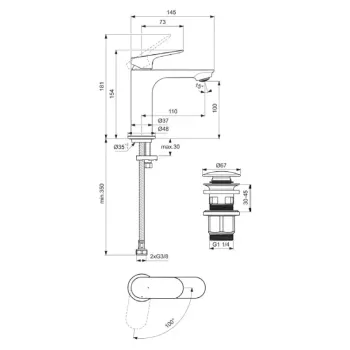 Vannas istabas izlietnes maisītājs Ideal Standard Ceralife O, ar ClickClack vārstu, BlueStart, 154 mm, matēts melns, BE009XG