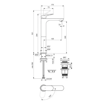 Vannas istabas izlietnes maisītājs Ideal Standard Ceralife O, ar Click-Clack vārstu, 294 mm, matēts melns, BE013XG