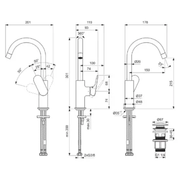 Vannas istabas izlietnes maisītājs Ideal Standard Ceralife O, ar grozāmu izteku un Click-Clack vārstu, 301 mm, matēts melns, BE016XG