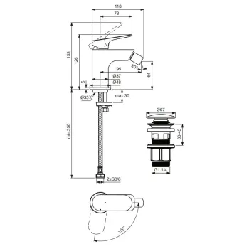 Bidē maisītājs Ideal Standard Ceralife O, ar Click-Clack vārstu, 126 mm, matēts melns, BE021XG