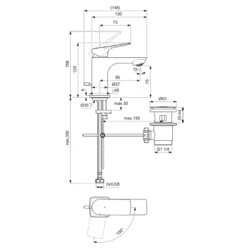 Vannas istabas izlietnes maisītājs Ideal Standard Ceralife C, ar vārstu, 129 mm, hroms, BE041AA