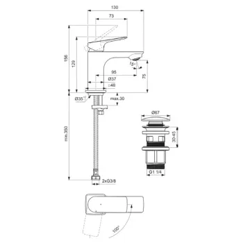 Vannas istabas izlietnes maisītājs Ideal Standard Ceralife C, ar PopUp vārstu, BlueStart, 129 mm, hroms, BE042AA