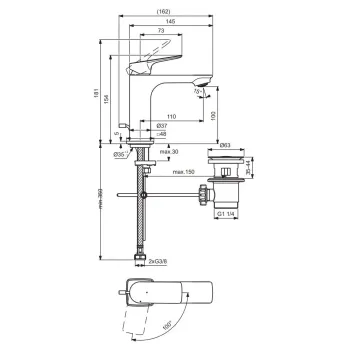 Vannas istabas izlietnes maisītājs Ideal Standard Ceralife C, ar vārstu, 154 mm, hroms, BE046AA