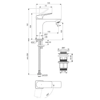Vannas istabas izlietnes maisītājs Ideal Standard Ceralife C, ar Click-Clack vārstu, 154 mm, hroms, BE047AA