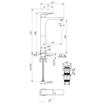 Vannas istabas izlietnes maisītājs Ideal Standard Ceralife C, ar Click-Clack vārstu, 295 mm, hroms, BE051AA
