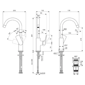 Vannas istabas izlietnes maisītājs Ideal Standard Ceralife C, ar grozāmu izteku, 301 mm, hroms, BE054AA
