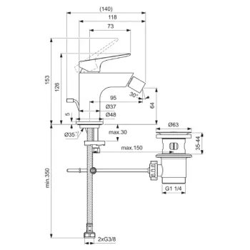 Bidē maisītājs Ideal Standard Ceralife C, ar vārstu, hroms, BE124AA