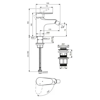Bidē maisītājs Ideal Standard ALU+, ar Click-Clack vārstu, 140 mm, hroms, BE132SI