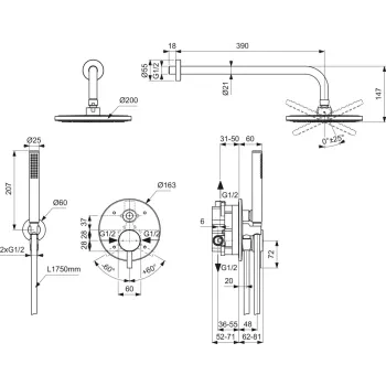 Dušas komplekts Ideal Standard CeraLine, ar iebūvējamo daļu, diametrs 20 cm, matēts melns, BD192XG