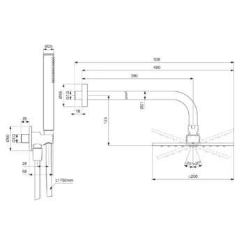 Dušas komplekts Ideal Standard Idealrain, ar augšējo dušu, 20x20 cm, hroms, BD781AA