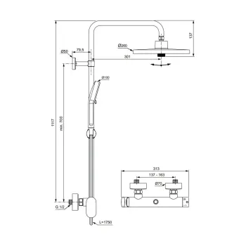 Dušas komplekts Ideal Standard CeraFlow T25+, 26 cm, 2 režīmi, matēta melna, A8484XG