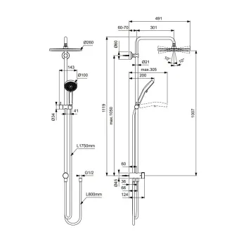 Dušas komplekts Ideal Standard Ceratwist T25, bez maisītāja, 26 cm, hroms, BE229AA
