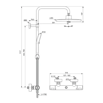 Dušas komplekts Ideal Standard Ceratherm T25+, ar termostatu, hroms, 26x26 cm, 2 režīmi, A8530AA