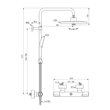 Dušas komplekts Ideal Standard Ceratherm T25+, ar termostatu, 26x26 cm, matēta melna, A8530XG