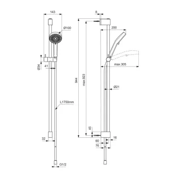 Dušas komplekts Ideal Standard Idealrain, 2 režīmi, hroms, BE236AA