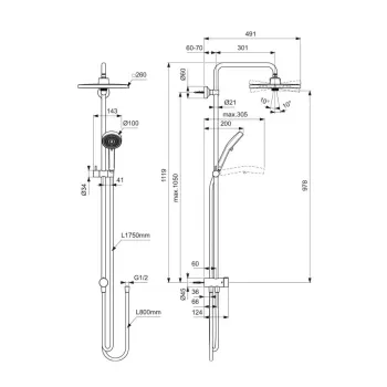 Dušas komplekts Ideal Standard Ceratwist T25+, 2 režīmi, matēta melna, BE237XG