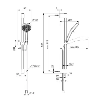 Dušas komplekts Ideal Standard Idealrain, 2 režīmi, hroms, BE417AA