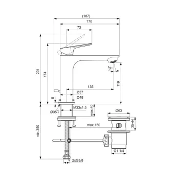 Vannas istabas izlietnes maisītājs Ideal Standard Ceralife O, ar vārstu, 174 mm, 135 mm, hroms, BE120AA