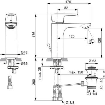 Vannas istabas izlietnes maisītājs Ideal Standard Connect Air, ar vārstu, hroms, A7053AA