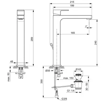 Vannas istabas izlietnes maisītājs Ideal Standard Edge, ar vārstu, hroms, A7112AA