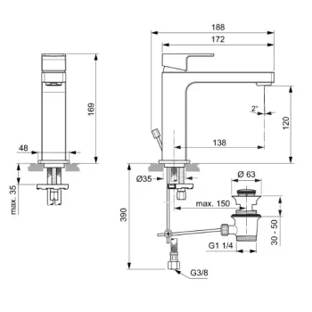 Vannas istabas izlietnes maisītājs Ideal Standard Edge, ar vārstu, hroms, A7106AA