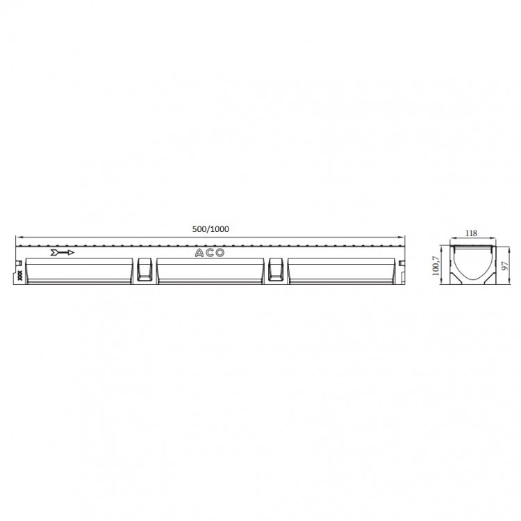 ACO Euroline Kanāls ar čuguna režģi 1000mm un PVC cauruli, B125
