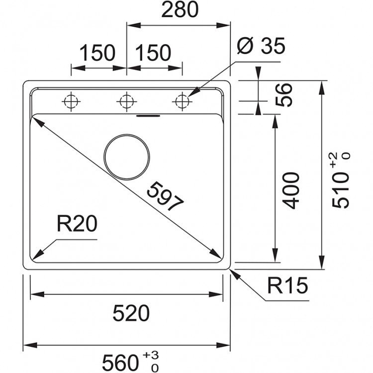 FRANKE Кухонная мойка MARIS 56x51 cm PushKnob, MRG 610-52 A 114.0658.295 FRANKE Кухонная мойка MARIS 56x51 cm PushKnob, MRG 610-52 A 114.0658.295