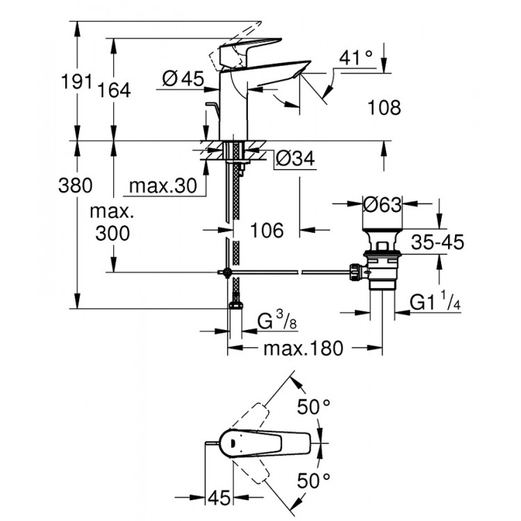 Grohe BauEdge New Izlietnes jaucējkrāns ar noteces aizvaru, 23758001 Grohe BauEdge New Izlietnes jaucējkrāns ar noteces aizvaru, 23758001