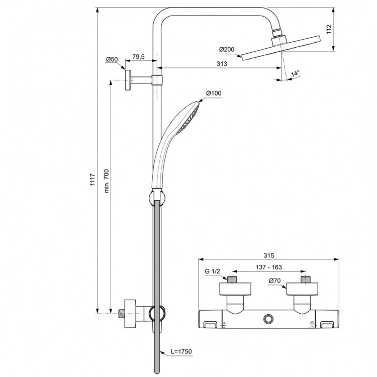 Ideal Standard Ceratherm T25 dušas sistēma, melna matēta A7586AXG Ideal Standard Ceratherm T25 dušas sistēma, melna matēta A7586AXG