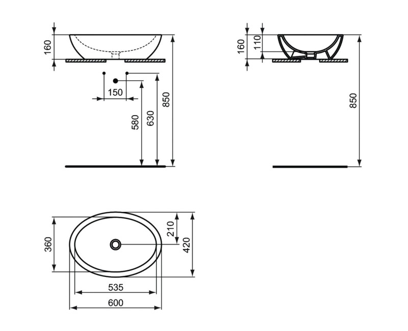 Ideal Standard STRADA O Uzliekamā izlietne 60x42cm, melna matēta K0784V3