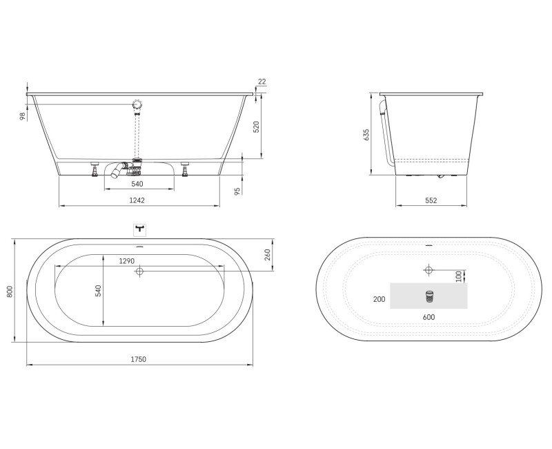 PAA Отдельностоящая ванна VARIO XL 1750x800, ABCD