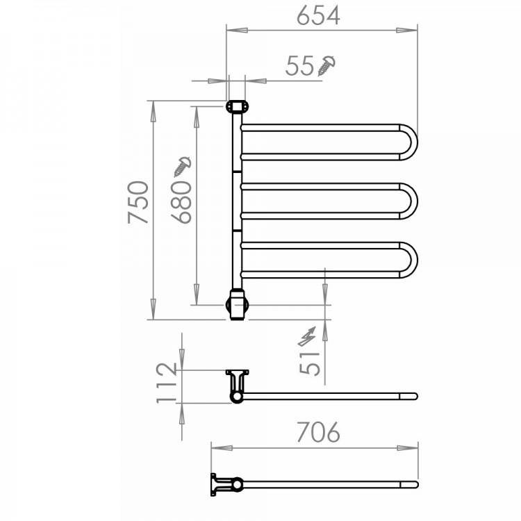 PAX Flex U 3/650 Momento II Elektriskais dvieļu žāvētājs 64W, melns PAX Flex U 3/650 Momento II Elektriskais dvieļu žāvētājs 64W, melns