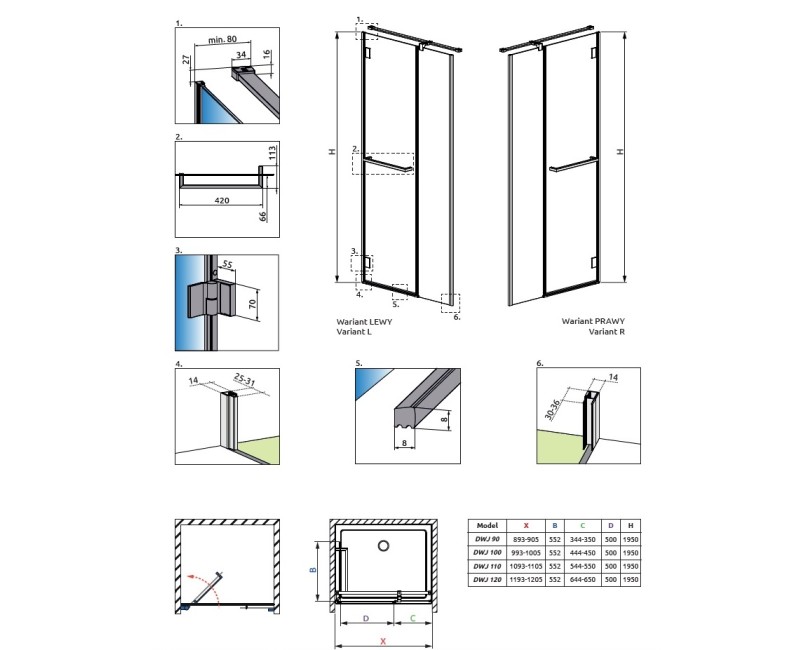 Radaway Dušas durvis Carena DWJ 110cm L/R