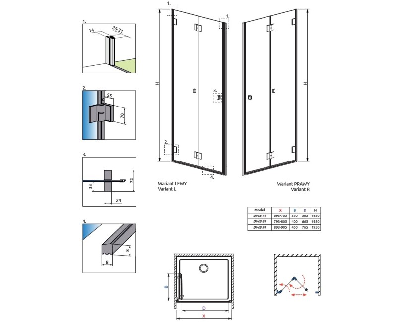 Radaway Dušas stūris taisnstūra Carena KDJ 100x80 cm