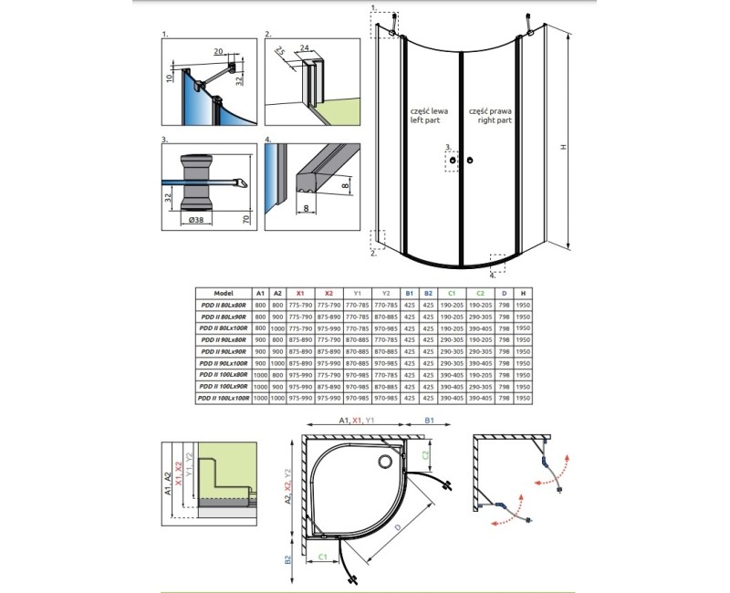 Radaway Pusapaļa dušas kabīne Eos PDD II 100x100