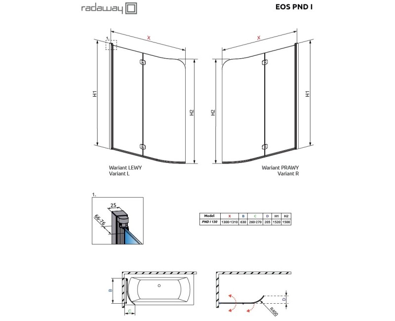 Radaway vannas sieniņa Eos PND 130 cm