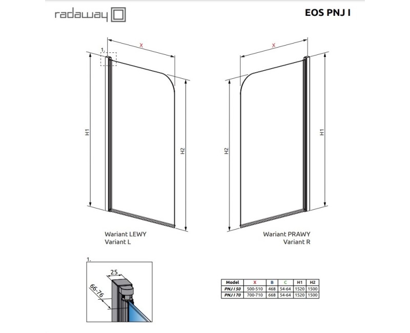 Radaway vannas sieniņa Eos PNJ I 70 cm