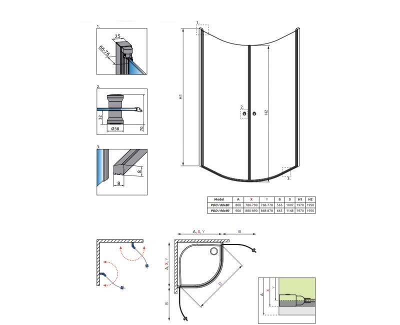 Radaway Pusapaļa dušas kabīne Eos PDD I 90x90 cm