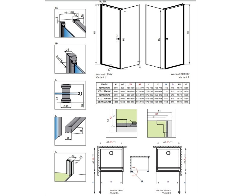 Radaway Dušas stūris kvadrātveida Eos KDJ 90R x 90 cm