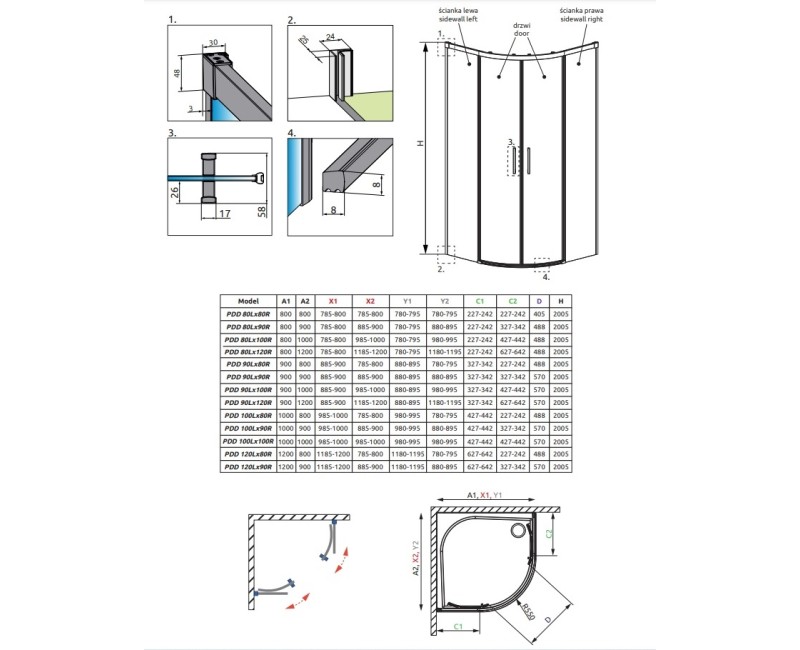 Radaway Pusapaļa dušas kabīne IDEA Black PDD 90x90cm