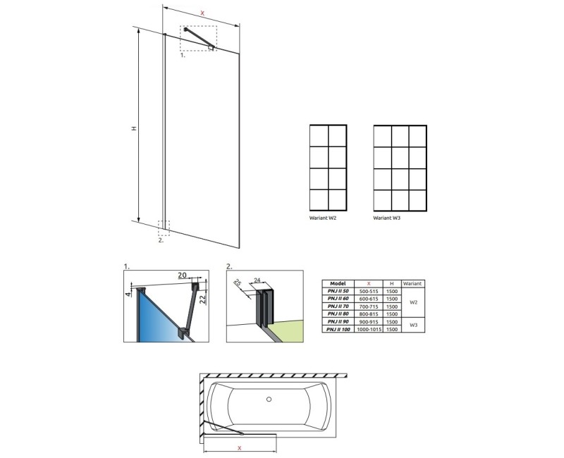 Radaway Vannas sieniņa IDEA Black PNJ II Factory 90 cm