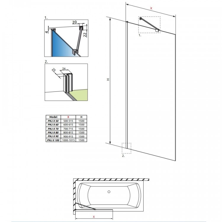 Radaway Vannas sieniņa IDEA Black PNJ II 80 cm