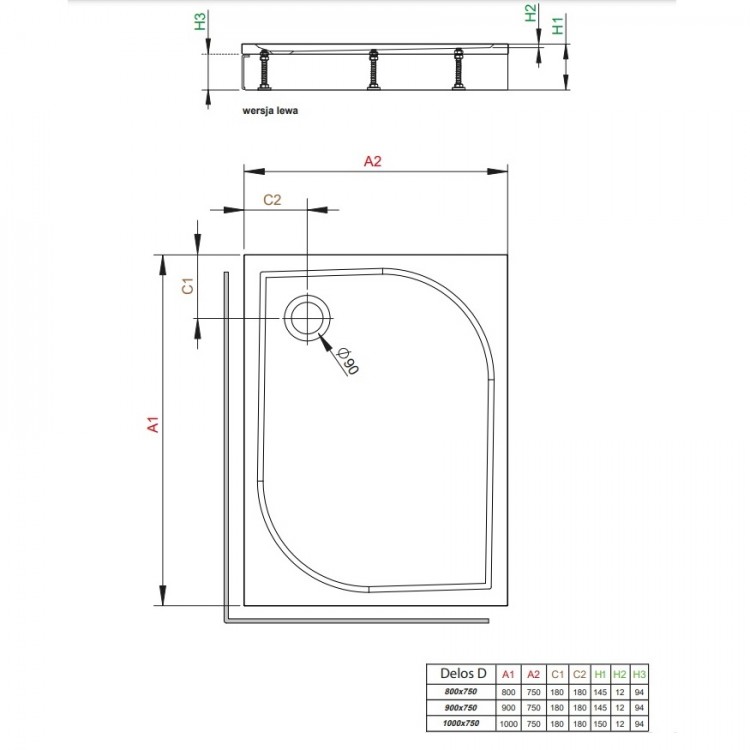 Radaway Taisnstūra dušas paliktnis DELOS D 90x75 L, balts