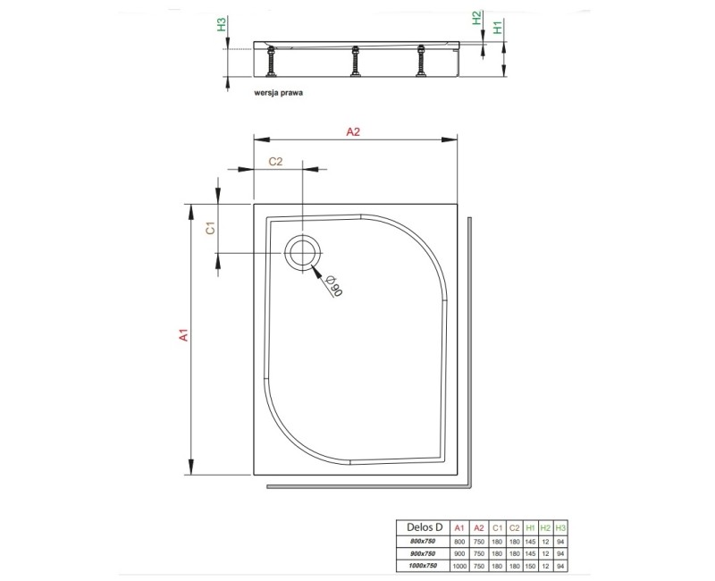Radaway Taisnstūra dušas paliktnis DELOS D 100x75, balts
