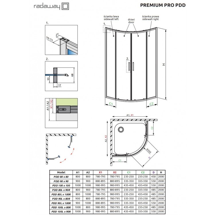 Radaway Pusapaļa dušas kabīne Premium Pro PDD 80x80cm Radaway Pusapaļa dušas kabīne Premium Pro PDD 80x80cm