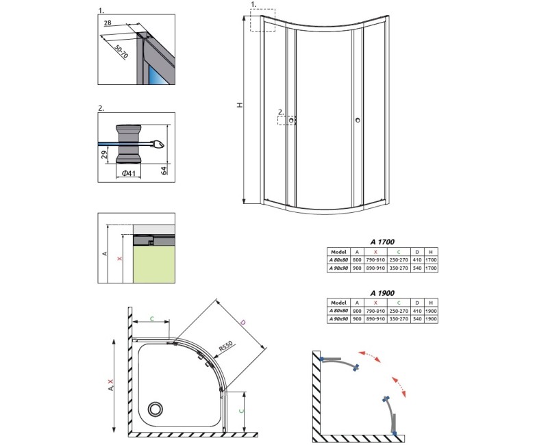 Radaway Dušas kabīne pusapaļa Dolphi Premium A 90x90